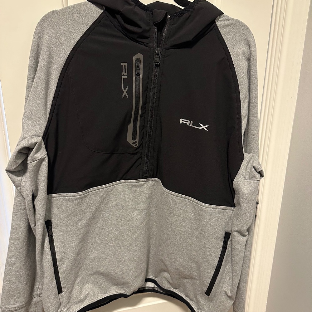RLX Ralph Lauren Mens LARGE Performance Golf Half-Zip Hoodie Jacket, Black/Gray